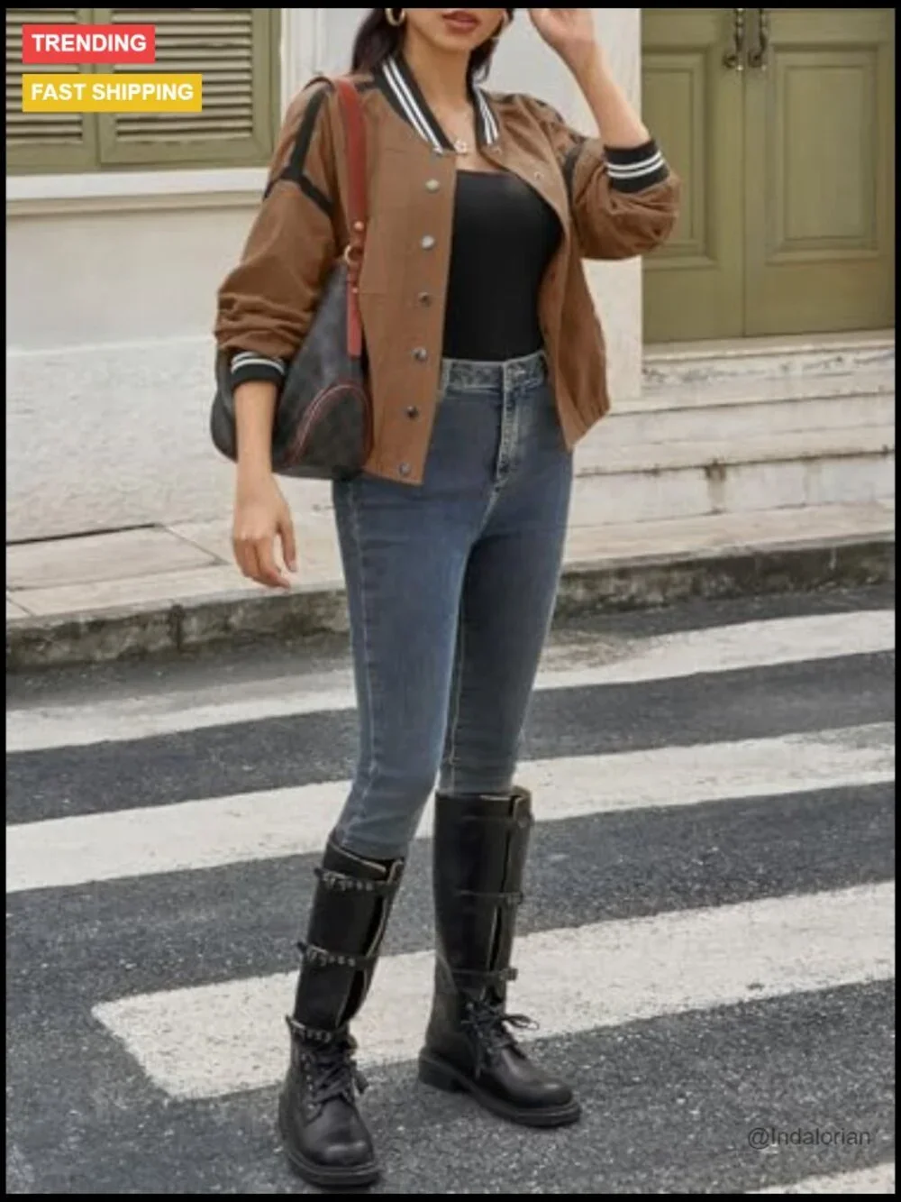 Cropped Bomber Jacket with Button Front and Side Pockets - Picture 4 of 6